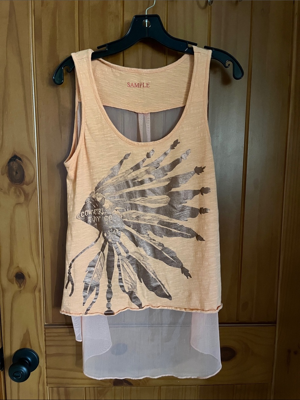 Cowgirl Tuff Light Orange Tank with Brown/Metallic Feather Graphic